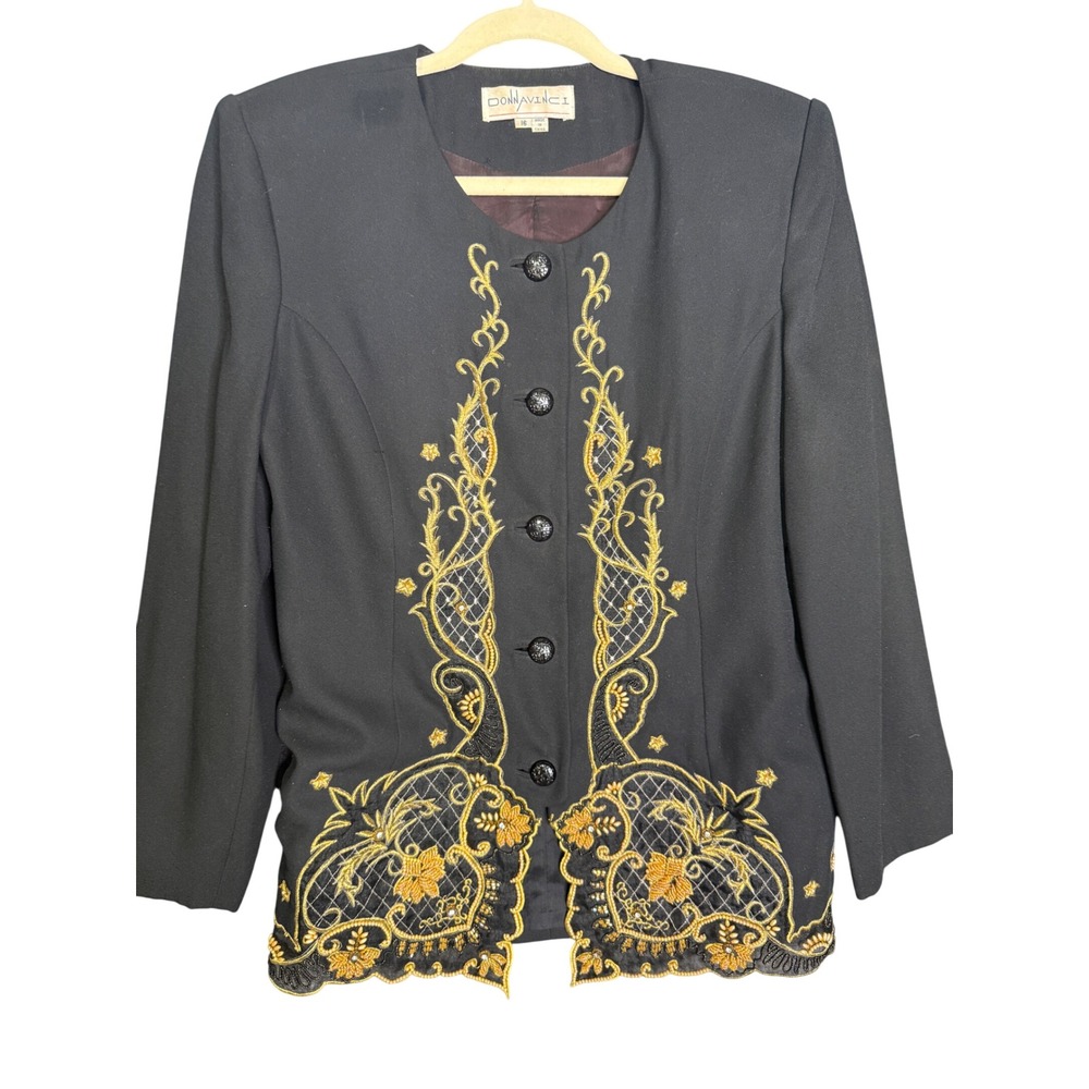 Donna Vinci Womens Black Gold Embroidered Beaded Blazer Jacket Size 16 Formal